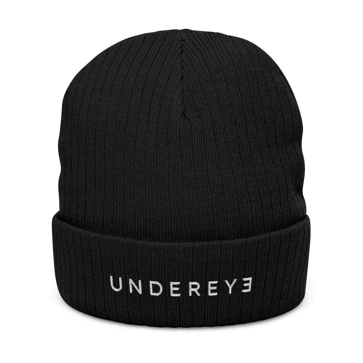 UNDEREYE Embroidered Ribbed Beanie – Black Knit Winter Hat
